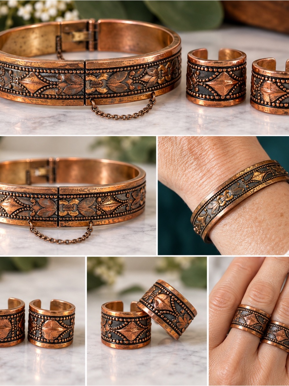 Vintage Copper Bracelet & 2 Rings Set Embossed Floral Boho Jewelry